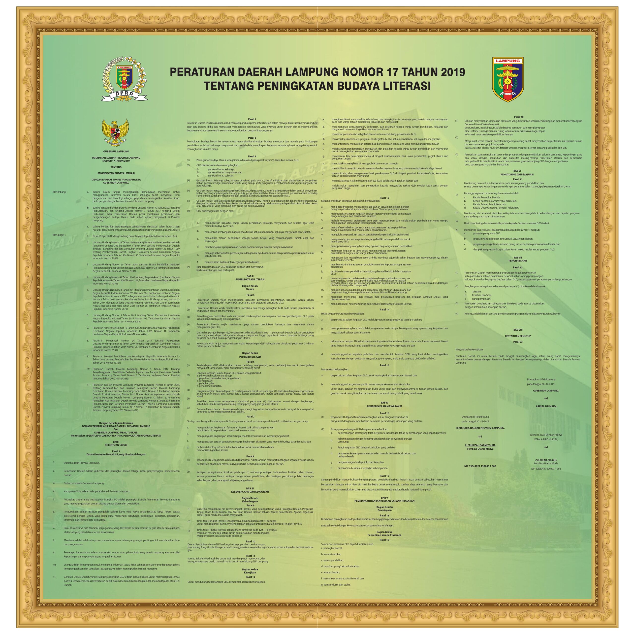 Peraturan Daerah Lampung Nomor 17 Tahun 2019 Tentang Peningkatan Budaya Literasi